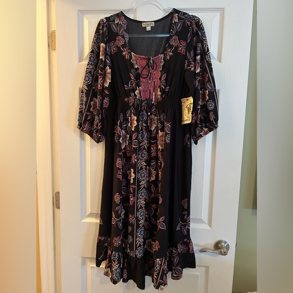 ONE WORLD Pink and Red Scoop Neck Sundress with 3/4 Bishop Sleeves